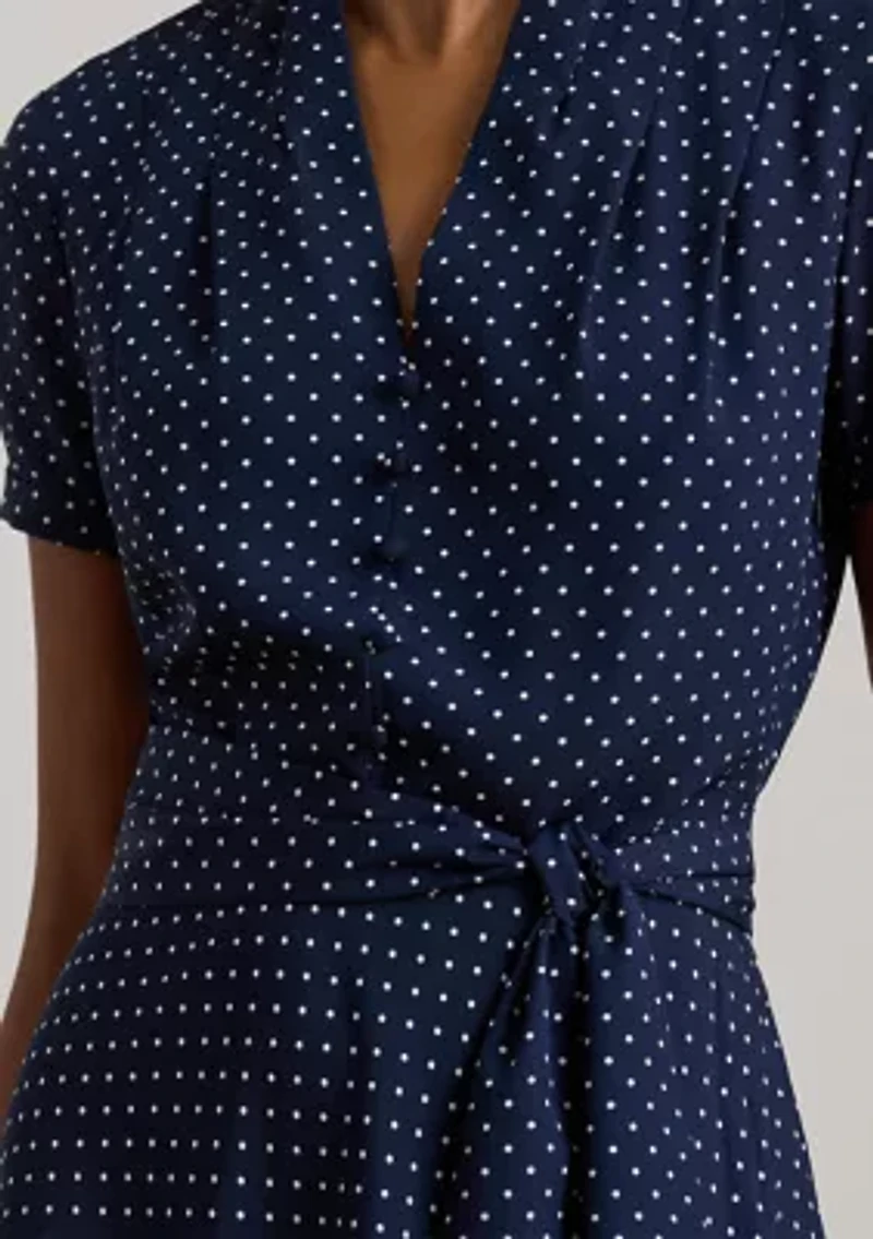 Polka-Dot Belted Crepe Dress
