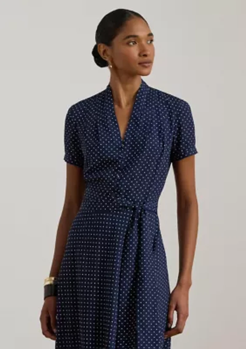 Polka-Dot Belted Crepe Dress