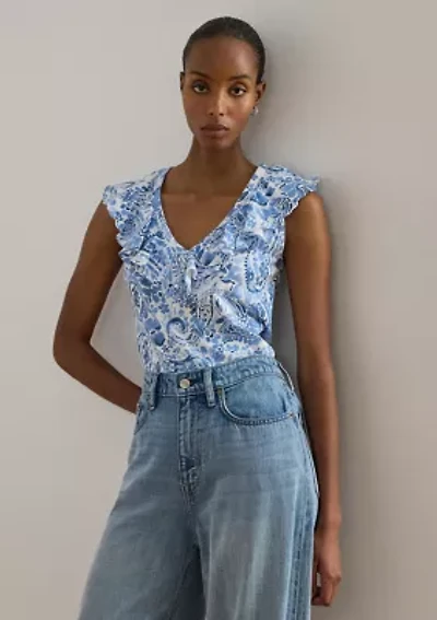 Paisley Ruffle-Trim Slub Sleeveless Top