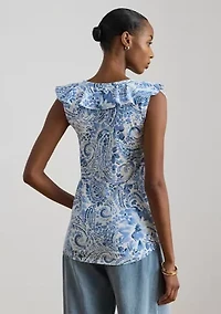 Paisley Ruffle-Trim Slub Sleeveless Top