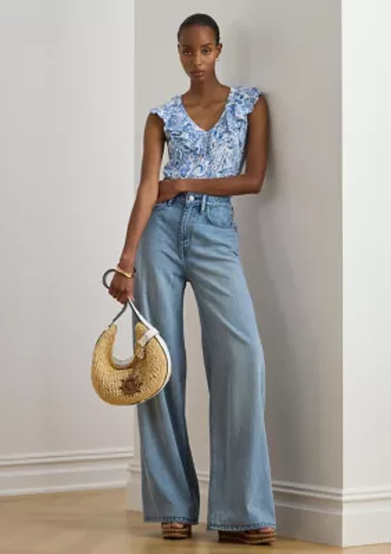 Paisley Ruffle-Trim Slub Sleeveless Top