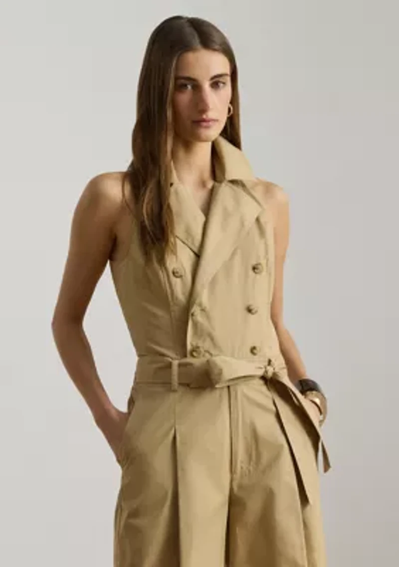 Belted Cotton Twill Sleeveless Jumpsuit