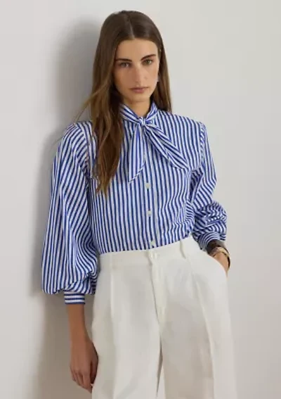 Women's Striped Cotton Broadcloth Tie-Neck Shirt
