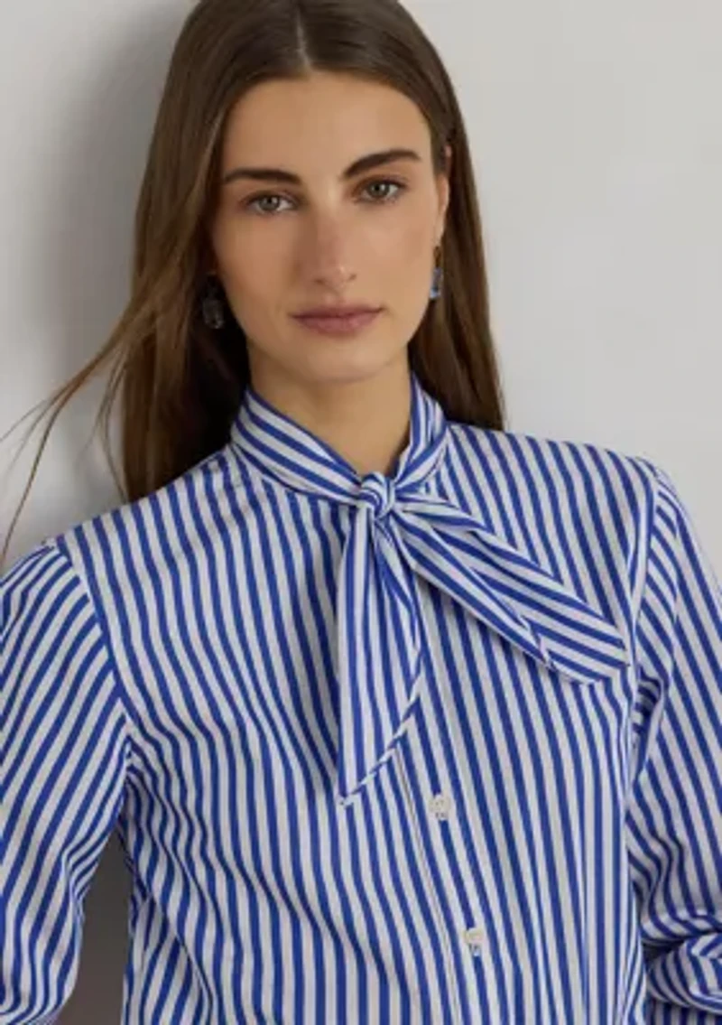 Women's Striped Cotton Broadcloth Tie-Neck Shirt