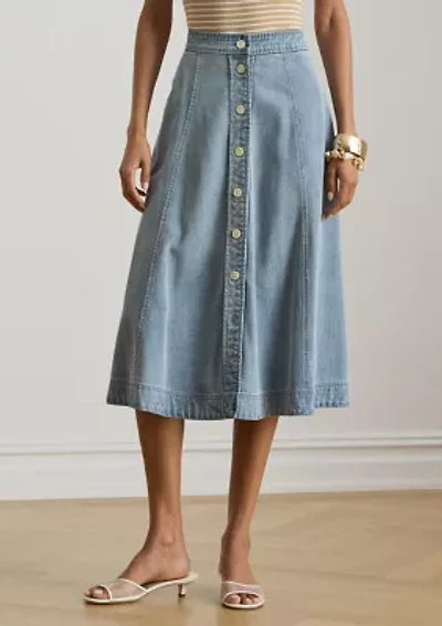 Button-Front Denim Midi Skirt