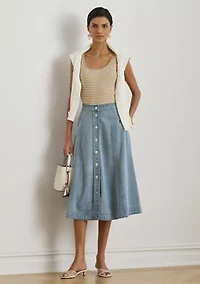 Button-Front Denim Midi Skirt
