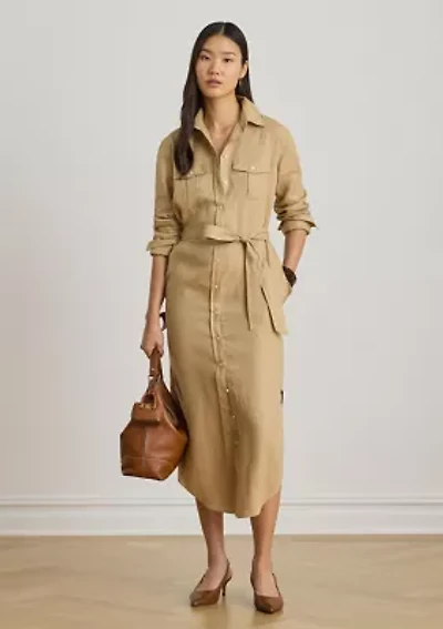 Belted Linen Midi Shirtdress