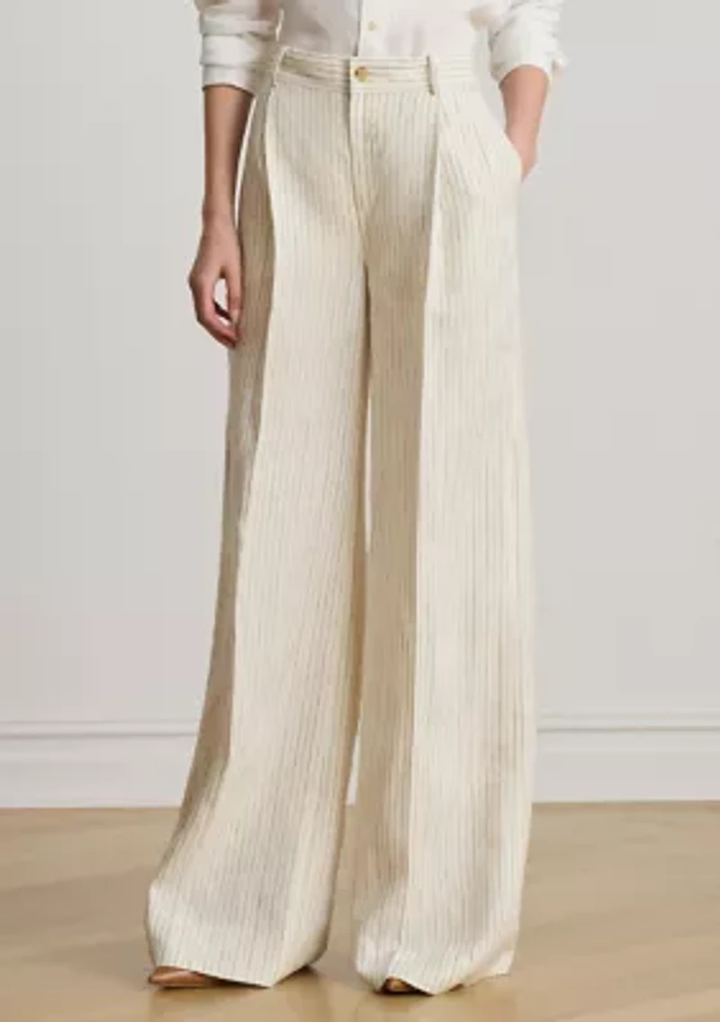 Pinstripe Linen Wide-Leg Pants