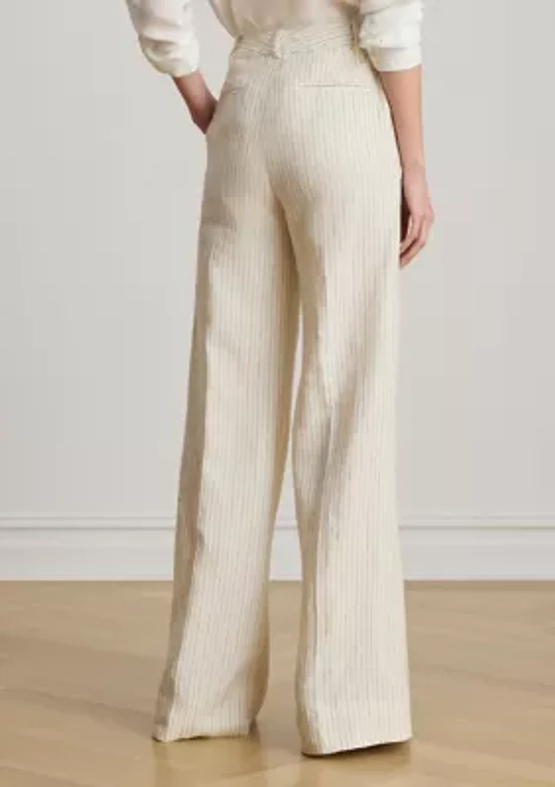 Pinstripe Linen Wide-Leg Pants