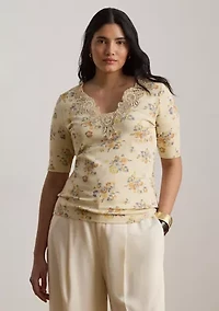 Floral Lace-Trim Rib-Knit Top