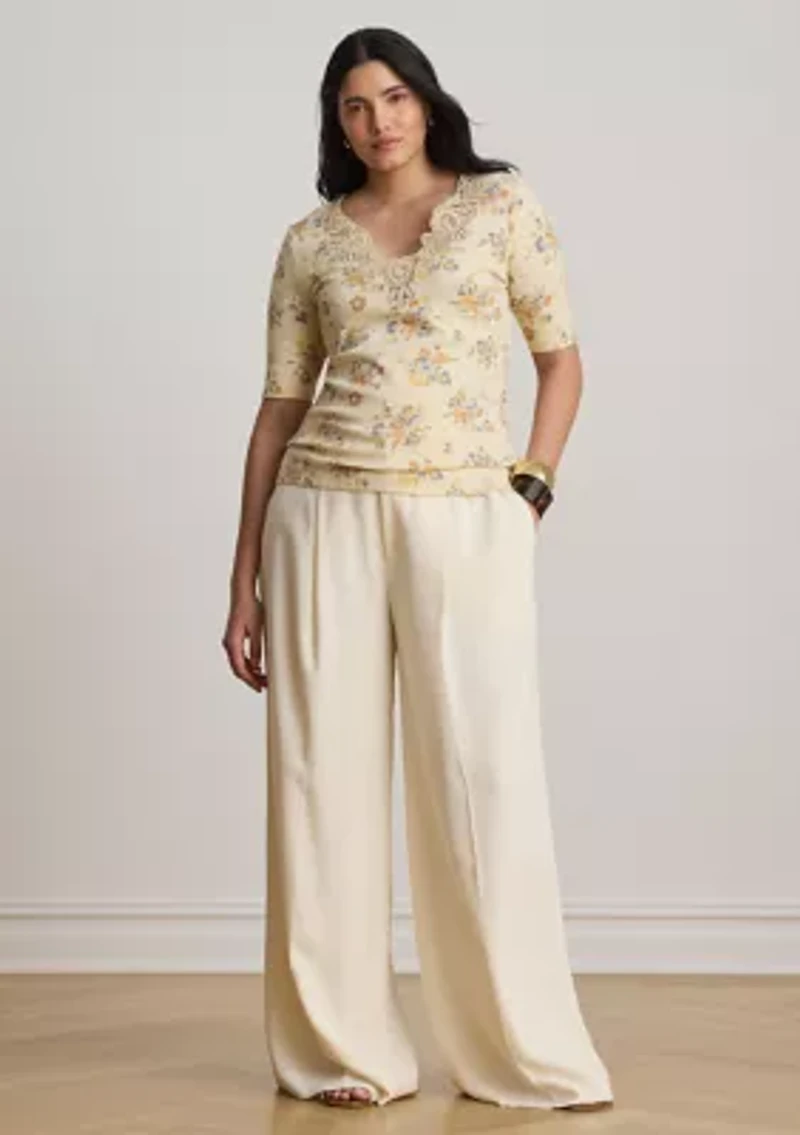 Floral Lace-Trim Rib-Knit Top