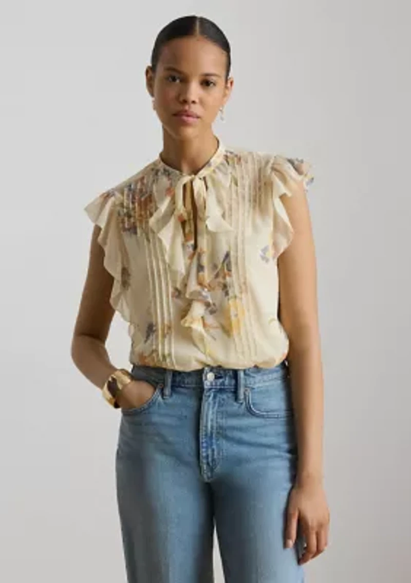 Women's Floral Pintucked Tie-Neck Blouse