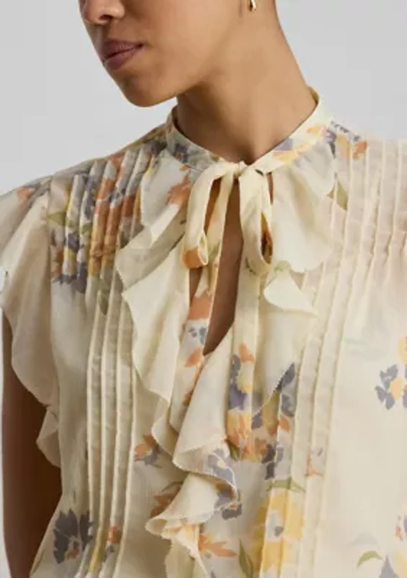 Women's Floral Pintucked Tie-Neck Blouse