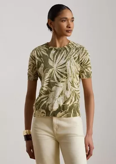 Women's Palm Frond Print Short Sleeve Sweater