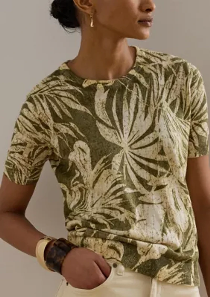 Women's Palm Frond Print Short Sleeve Sweater