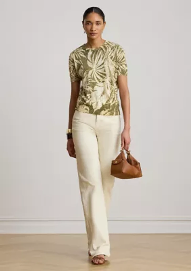 Women's Palm Frond Print Short Sleeve Sweater