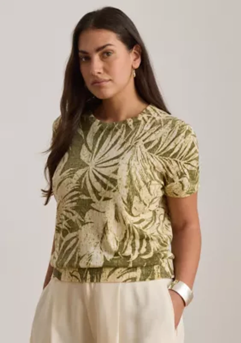 Women's Palm Frond Print Short Sleeve Sweater