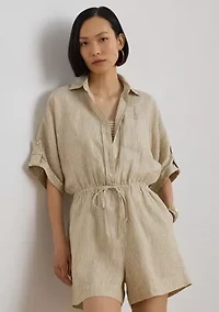 Striped Linen Roll-Tab-Sleeve Romper