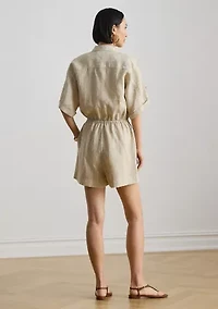 Striped Linen Roll-Tab-Sleeve Romper