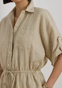 Striped Linen Roll-Tab-Sleeve Romper