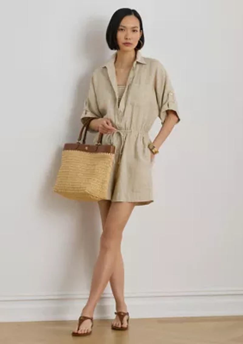 Striped Linen Roll-Tab-Sleeve Romper