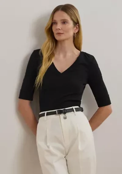 Petites Stretch Cotton Elbow Sleeve V-Neck T-Shirt