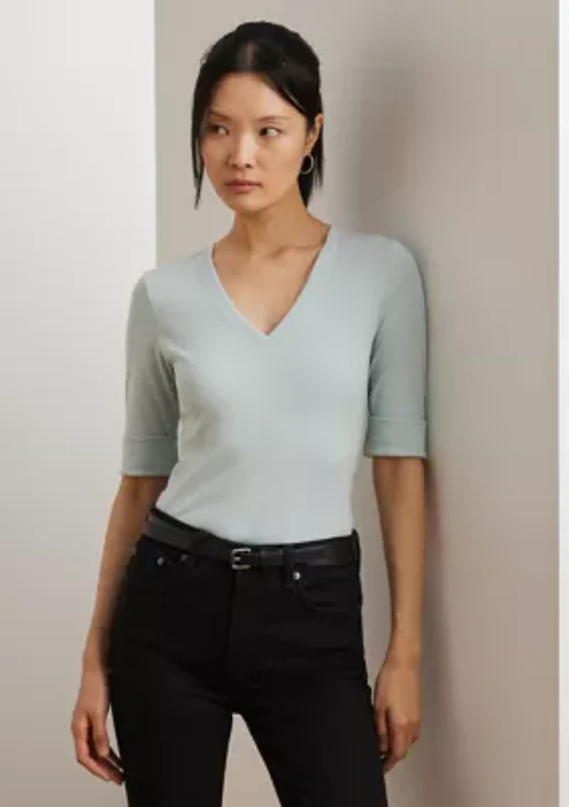 Petites Stretch Cotton Elbow Sleeve V-Neck T-Shirt