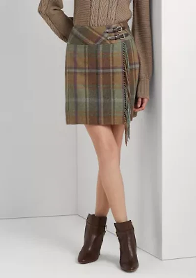 Petite Plaid Fringe Trim Tweed Mini Skirt
