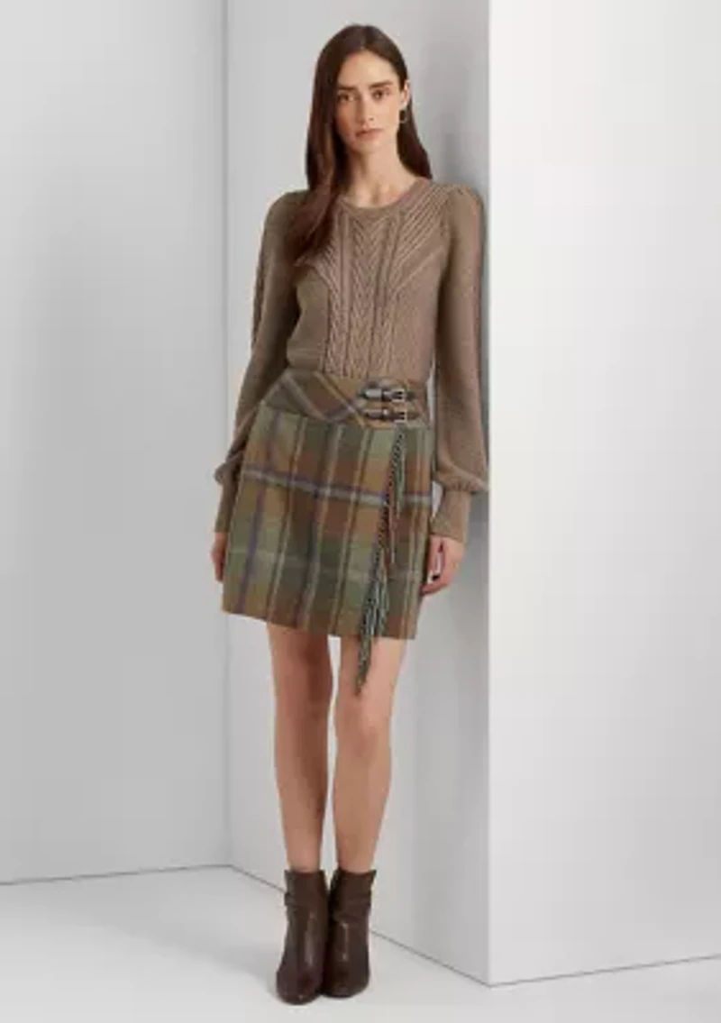 Petite Plaid Fringe Trim Tweed Mini Skirt