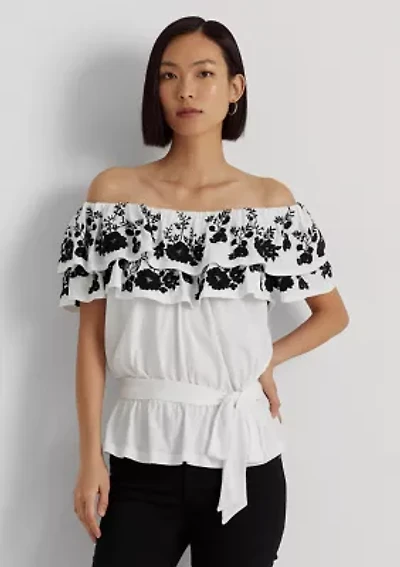 Petite Embroidered Jersey Off the Shoulder Top