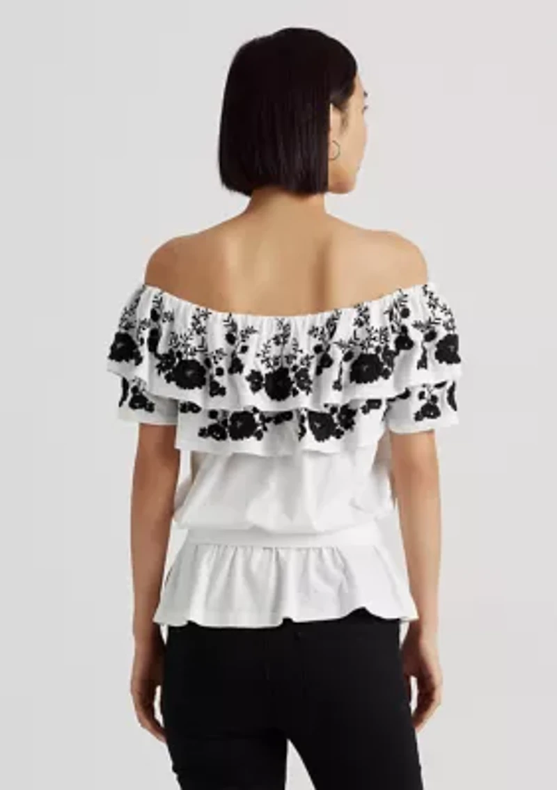 Petite Embroidered Jersey Off the Shoulder Top