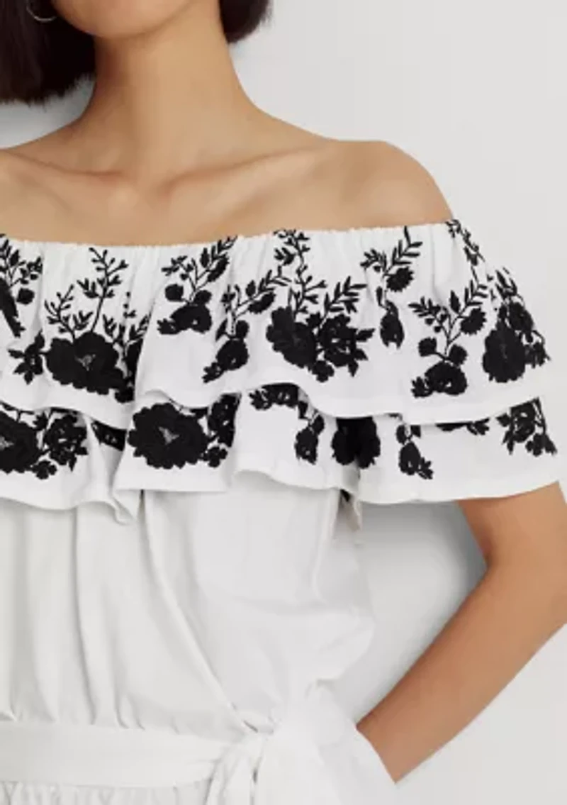 Petite Embroidered Jersey Off the Shoulder Top