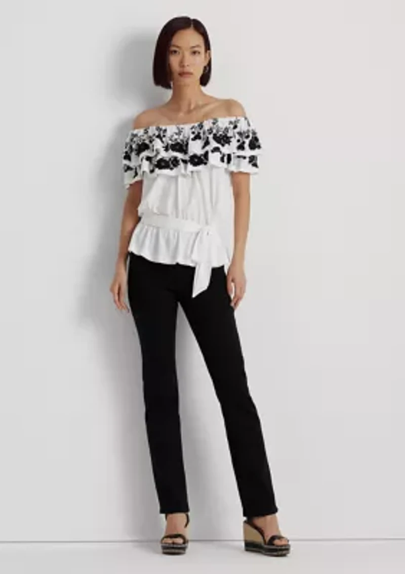 Petite Embroidered Jersey Off the Shoulder Top