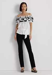 Petite Embroidered Jersey Off the Shoulder Top