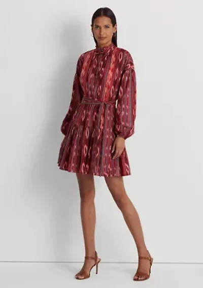 Petite Geo Stripe Belted Cotton Voile Dress