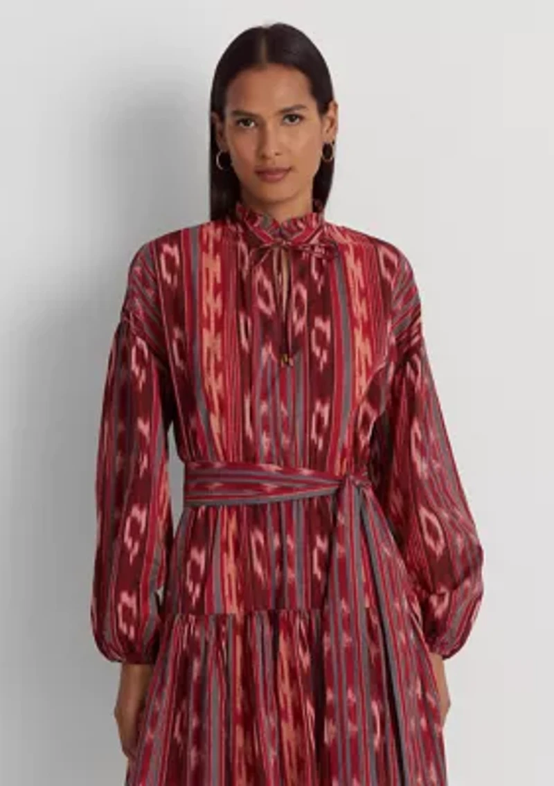 Petite Geo Stripe Belted Cotton Voile Dress
