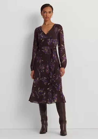 Petite Floral Belted Crinkle Georgette Dress