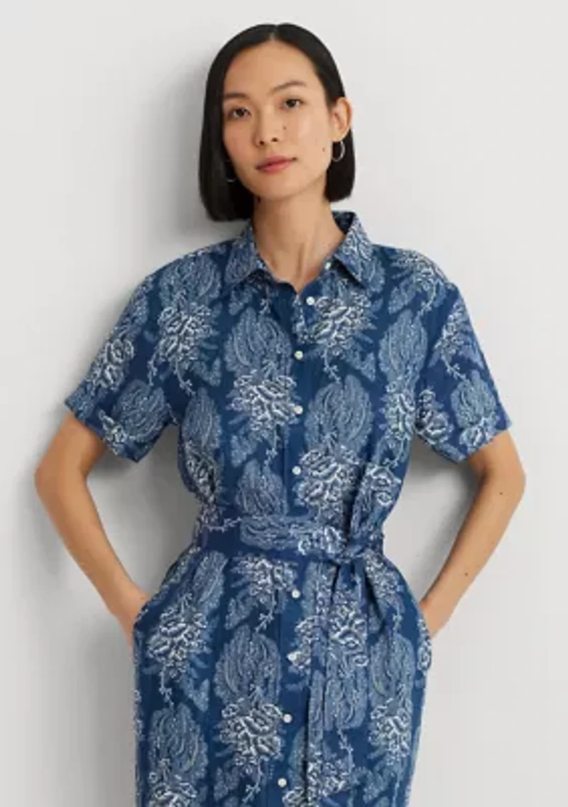 Petite Floral Belted Linen Shirtdress