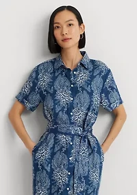 Petite Floral Belted Linen Shirtdress