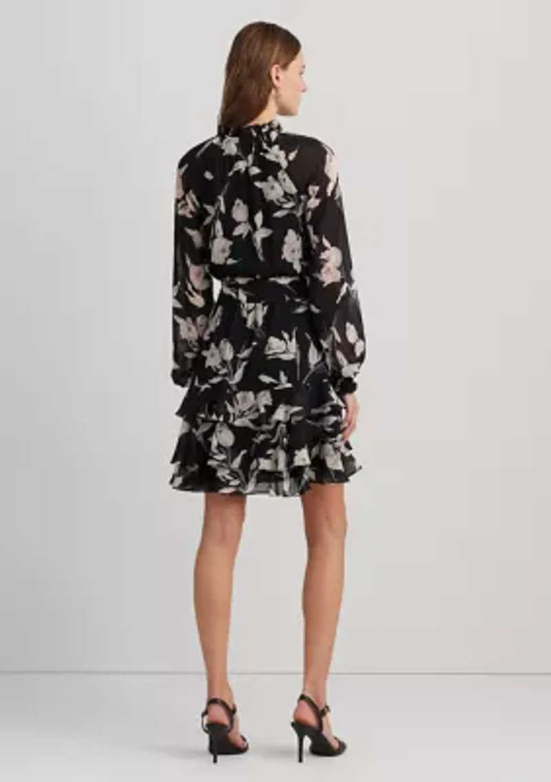 Petite Floral Belted Crinkle Georgette Dress