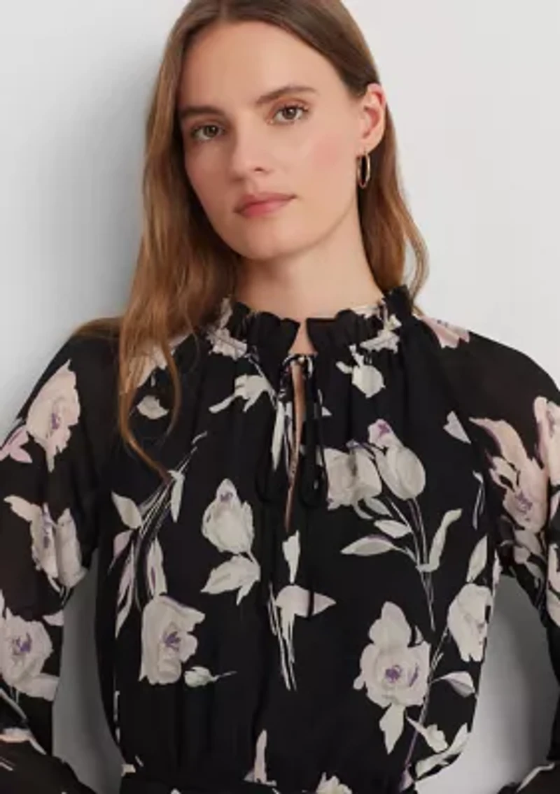 Petite Floral Belted Crinkle Georgette Dress