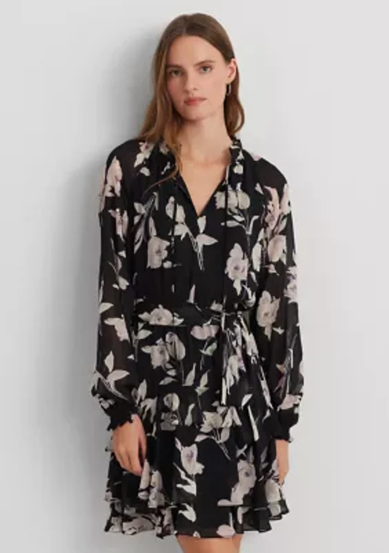 Petite Floral Belted Crinkle Georgette Dress