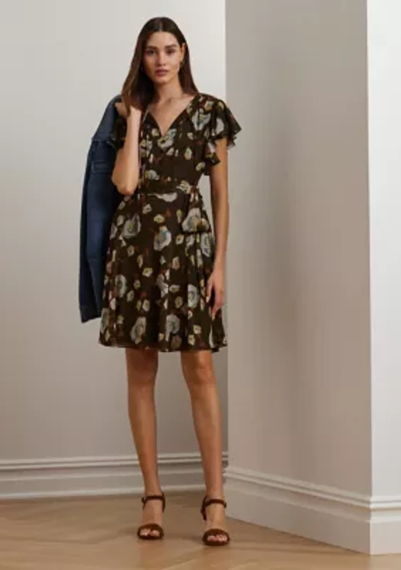 Petite Floral Georgette Flutter-Sleeve Dress