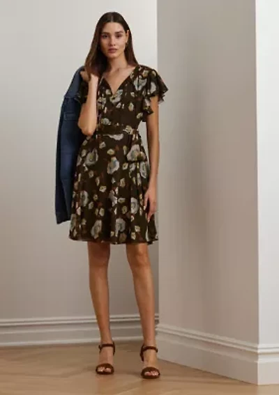 Petite Floral Georgette Flutter-Sleeve Dress