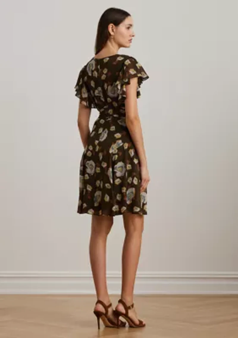 Petite Floral Georgette Flutter-Sleeve Dress