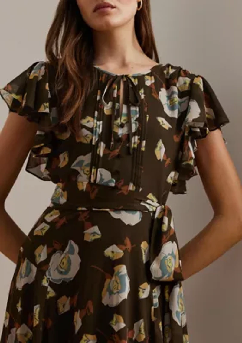 Petite Floral Georgette Flutter-Sleeve Dress