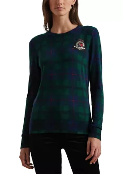 Petite Black Watch Plaid Beaded-Crest Sweater