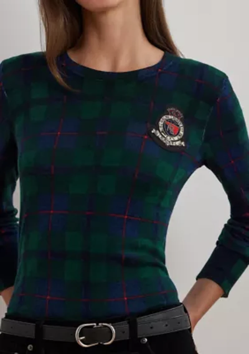 Petite Black Watch Plaid Beaded-Crest Sweater