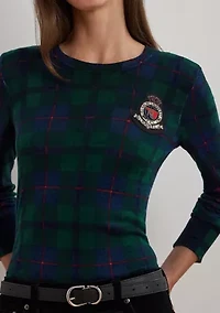 Petite Black Watch Plaid Beaded-Crest Sweater