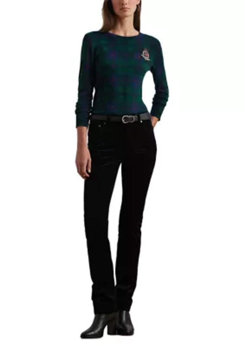 Petite Black Watch Plaid Beaded-Crest Sweater